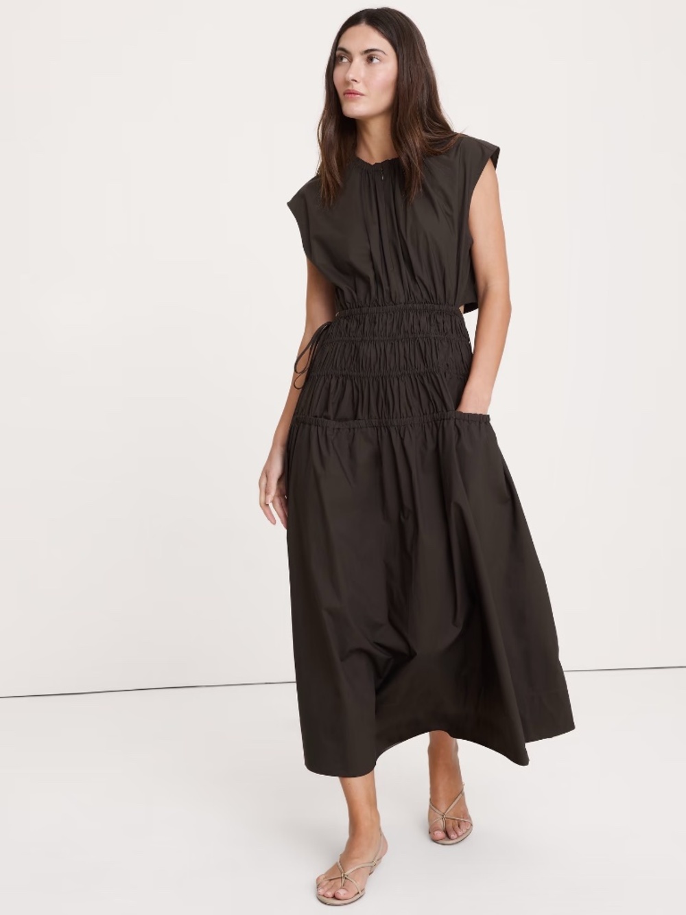 NWT Banana Republic Smocked Cotton Poplin Maxi Dress Open Back // Brown